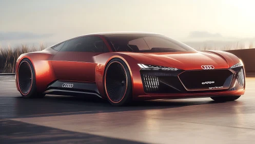 Red Audi electric concept car on modern open roadway.