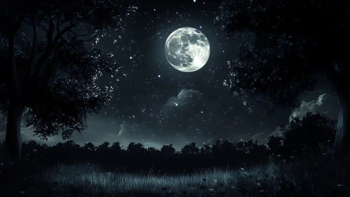 Full moon glows above a tranquil starlit forest nightscape.