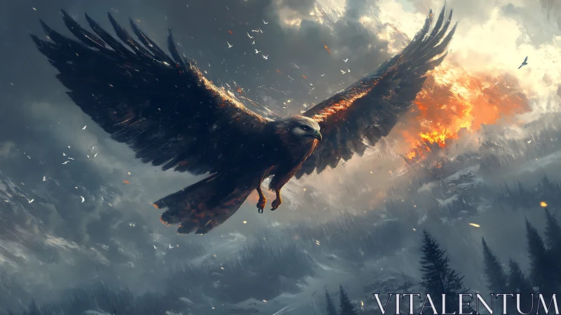 Predatory eagle crosses burning alpine slope in dynamic digital painting