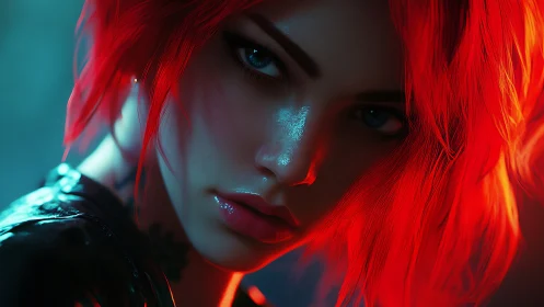 Intense closeup portrait of red haired woman in neon light.