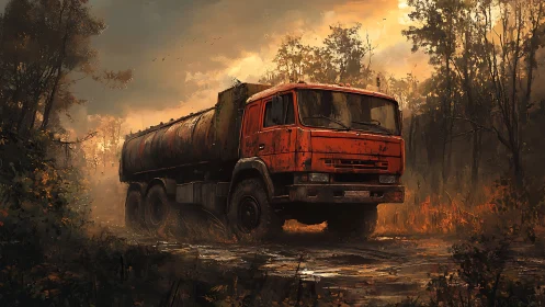 Rust red tanker truck resting in a misty autumn forest.