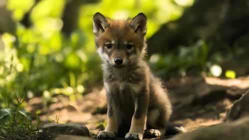 Juvenile fox kit in shallow-depth woodland illumination.