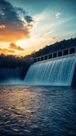 Sunset light washes over a cascading dam and tranquil lake