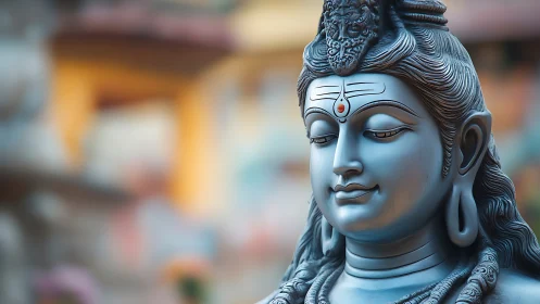 Blue-toned Shiva sculpture close-up with shallow depth of field