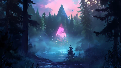 Luminous triangle portal glows over misty forest lake.