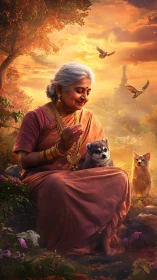 Elderly woman cradles puppy amid golden sunset garden