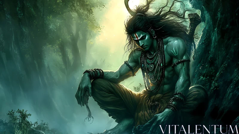 Divine warrior in meditative repose rendered as digital painting