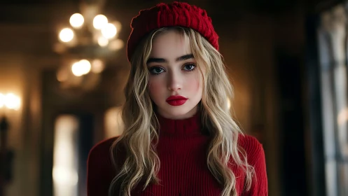 Portrait of young woman indoors wearing coordinated red outfit.