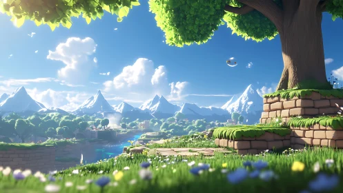 Bright stylized valley landscape with river and large tree.