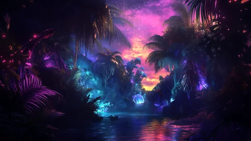 Bioluminescent alien jungle river under magenta nebula sky
