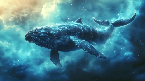 Celestial whale drifts through glowing clouds and cosmic seas.