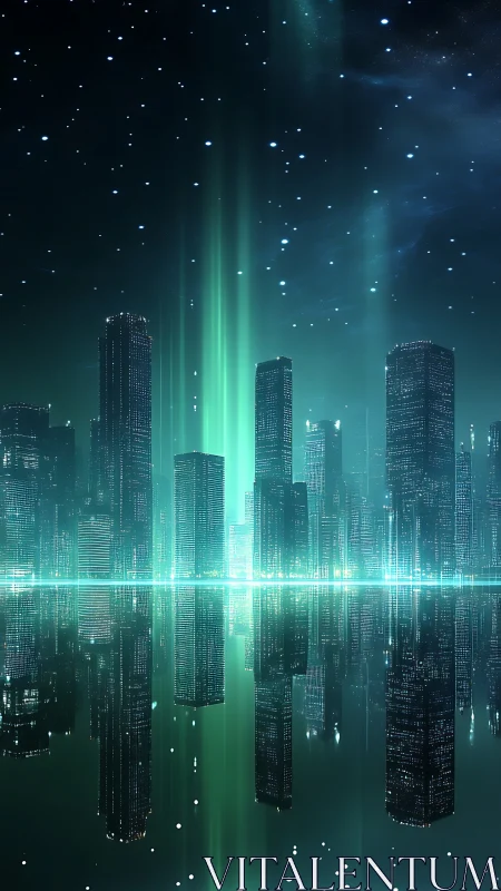 Dreamy neon skyline glowing softly under starry night.