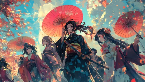 Samurai women in kimonos under red parasols in spring.