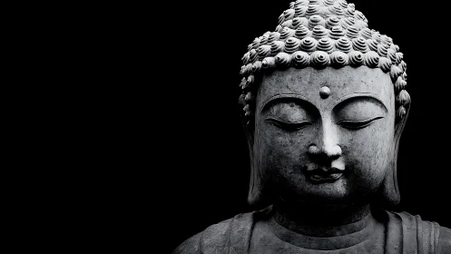 Serene stone Buddha portrait in stark monochrome contrast.