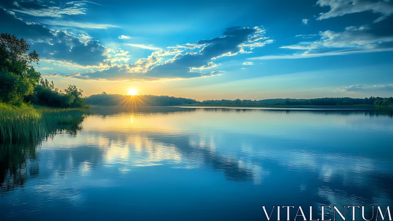 Low-angle wide lake sunset with symmetric cloud reflections and reeds