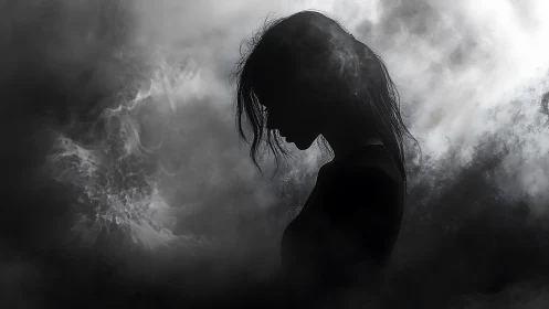 Silhouetted thoughts drift like smoke through silver darkness