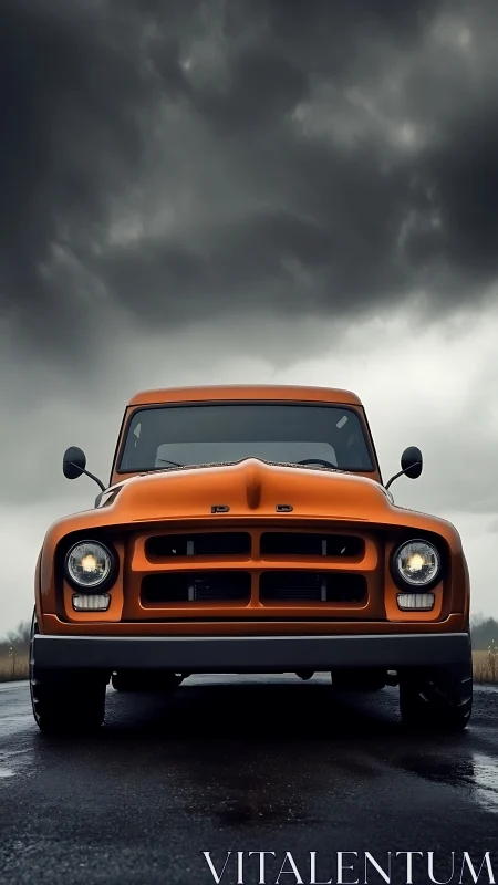 Bold orange vintage truck waiting under stormy skies.