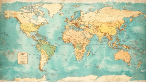 Vintage world map unfolds with weathered oceans and lands