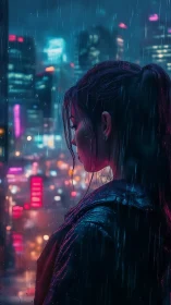 Neon lit woman in rain against futuristic city skyline.