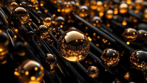 Golden reflective spheres on dark rods in close macro view.