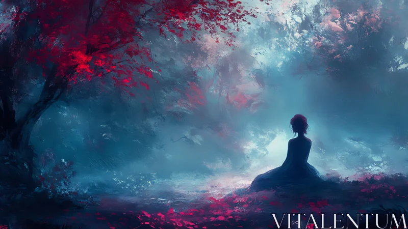 Silhouetted figure seated in misted forest clearing at dusk.