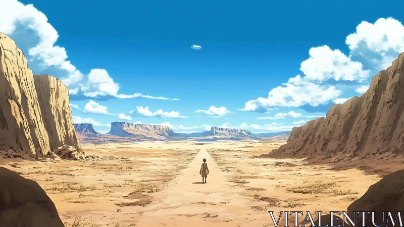 Solitary traveler walks a sunlit desert road to distant mesas