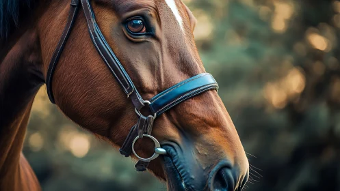 Close-up equine portrait captures bridle details and shallow focus