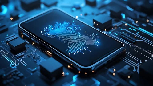 Smartphone with glowing circuit graphic on dark motherboard.
