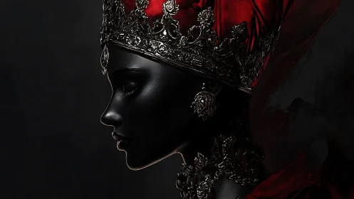 Dark regal profile with ornate crown and deep red veil.