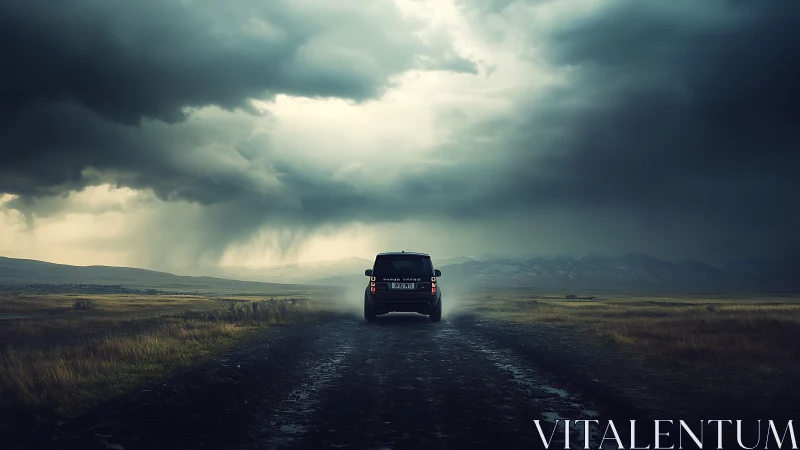 SUV drives lone gravel road under dark storm clouds
