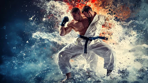 Martial artists sparring amid abstract explosive splash effects.