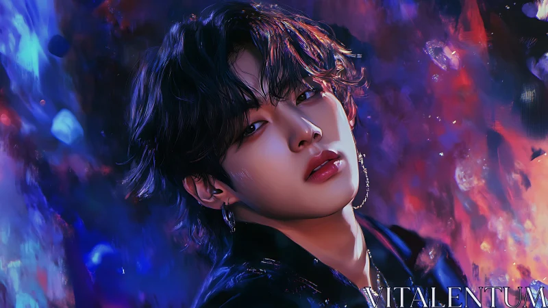 Stylized digital portrait of young man in neon colors.