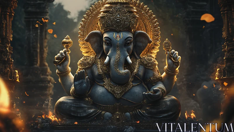 Highly detailed digital Ganesha idol with ornate golden adornments