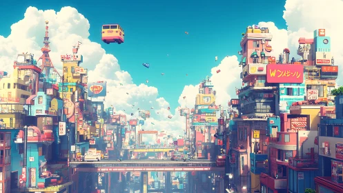 Neon pastel vertical cityscape with flying transit pods.