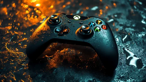 Gaming Controller Ignites in Inferno Light and Cinematic Glow.