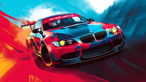 Racing coupe surges through neon gradients and motion blur.