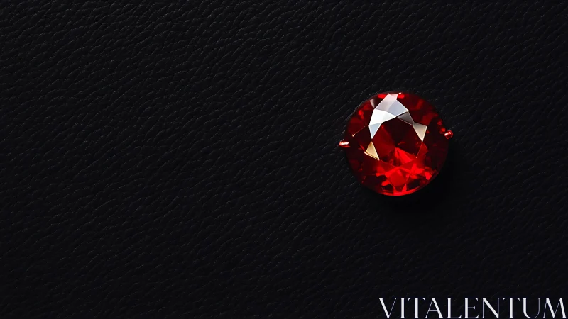 Red gemstone on black leather with dramatic contrast.