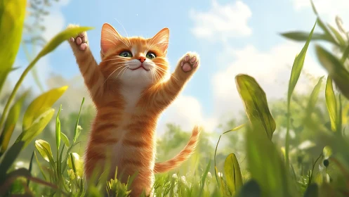 Orange kitten standing in grass field reaching upward