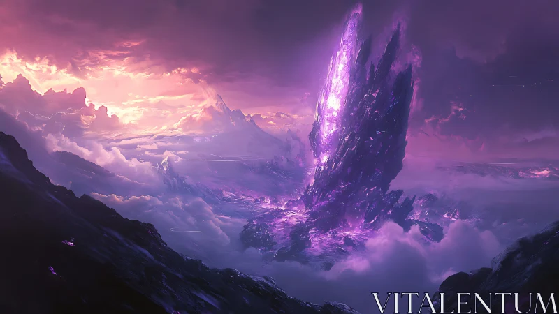 Colossal violet crystal monolith rises above a stormy sky