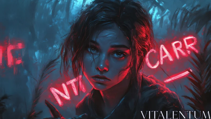Neon-lit girl portrait under moody blue and red glow.