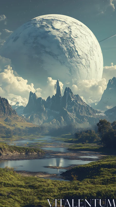 Colossal ice planet rises above serene alien river valley