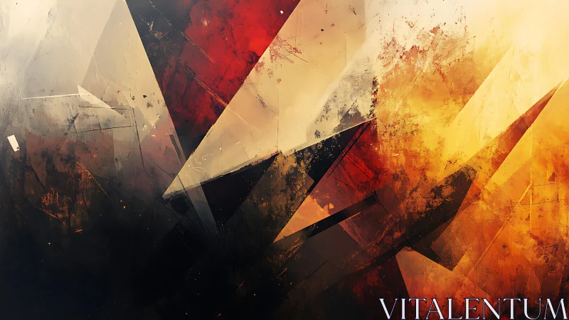 Abstract geometric painting with sharp angles and warm colors.