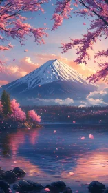 Blushing sakura drift across twilight lake and snow peak.