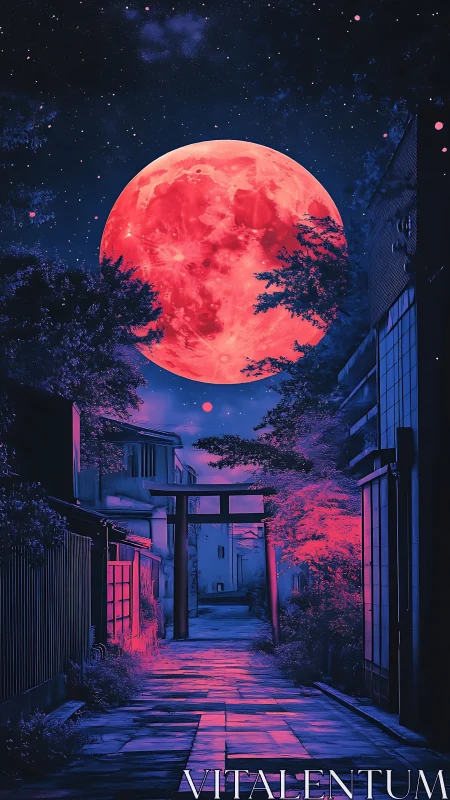 Urban alley with torii gate under oversized red moon.