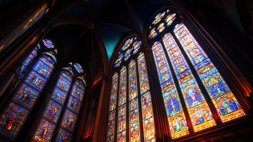 Gothic cathedral interior with illuminated stained glass windows.