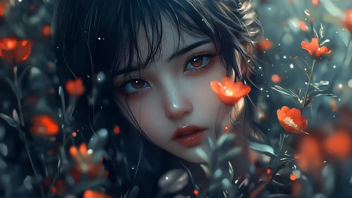 Digital portrait of girl framed by glowing red flowers.
