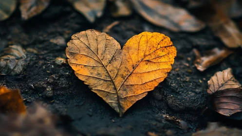 Golden heart leaf rests on dark forest floor soil.
