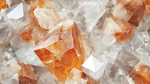 Macro crystalline lattice of orange and clear quartz cluster.