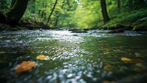 Gentle forest stream flowing through peaceful green woodland.