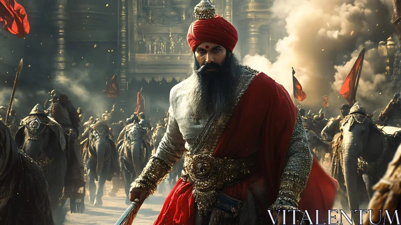 Scarlet warlord strides through thunderous elephant phalanx